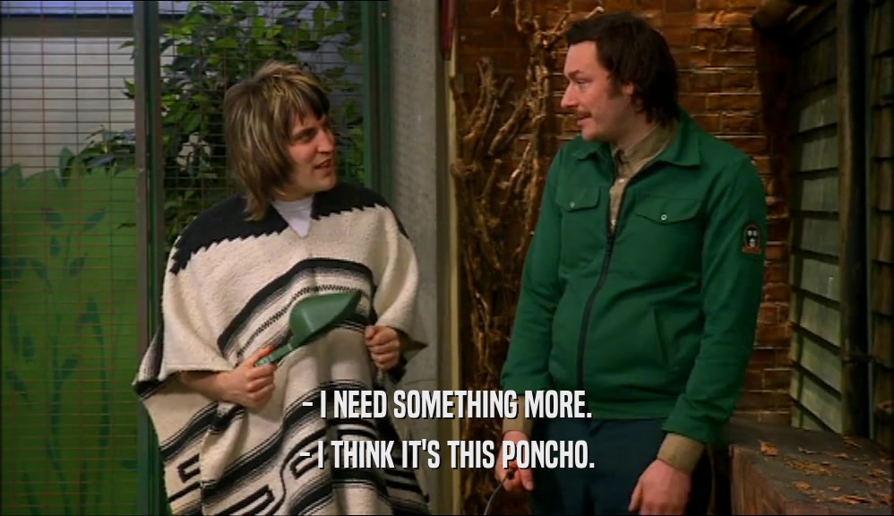 - I NEED SOMETHING MORE.
 - I THINK IT'S THIS PONCHO.
 