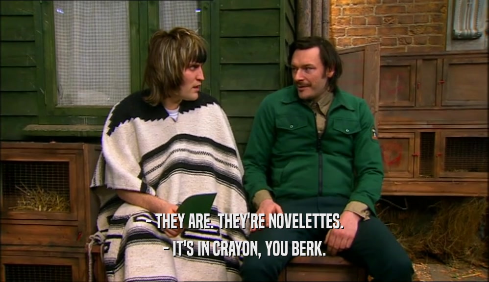- THEY ARE. THEY'RE NOVELETTES. - IT'S IN CRAYON, YOU BERK. 