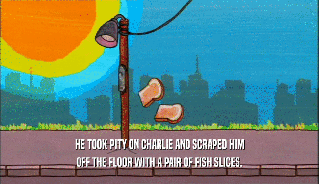 HE TOOK PITY ON CHARLIE AND SCRAPED HIM
 OFF THE FLOOR WITH A PAIR OF FISH SLICES.
 