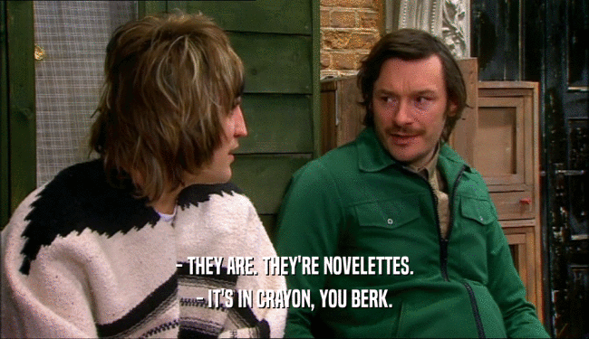 - THEY ARE. THEY'RE NOVELETTES. - IT'S IN CRAYON, YOU BERK. 