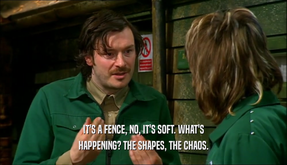 IT'S A FENCE, NO, IT'S SOFT. WHAT'S HAPPENING? THE SHAPES, THE CHAOS. 