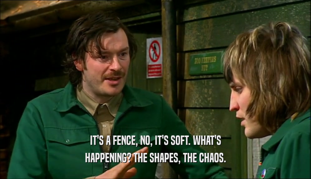 IT'S A FENCE, NO, IT'S SOFT. WHAT'S HAPPENING? THE SHAPES, THE CHAOS. 