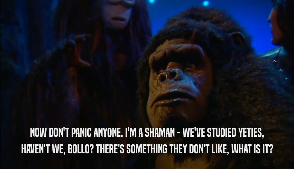 NOW DON'T PANIC ANYONE. I'M A SHAMAN - WE'VE STUDIED YETIES, HAVEN'T WE, BOLLO? THERE'S SOMETHING THEY DON'T LIKE, WHAT IS IT? 