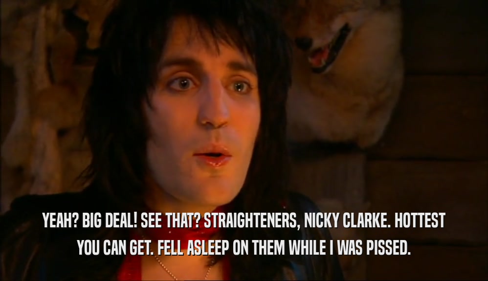 YEAH? BIG DEAL! SEE THAT? STRAIGHTENERS, NICKY CLARKE. HOTTEST YOU CAN GET. FELL ASLEEP ON THEM WHILE I WAS PISSED. 