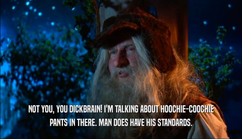 NOT YOU, YOU DICKBRAIN! I'M TALKING ABOUT HOOCHIE-COOCHIE PANTS IN THERE. MAN DOES HAVE HIS STANDARDS. 