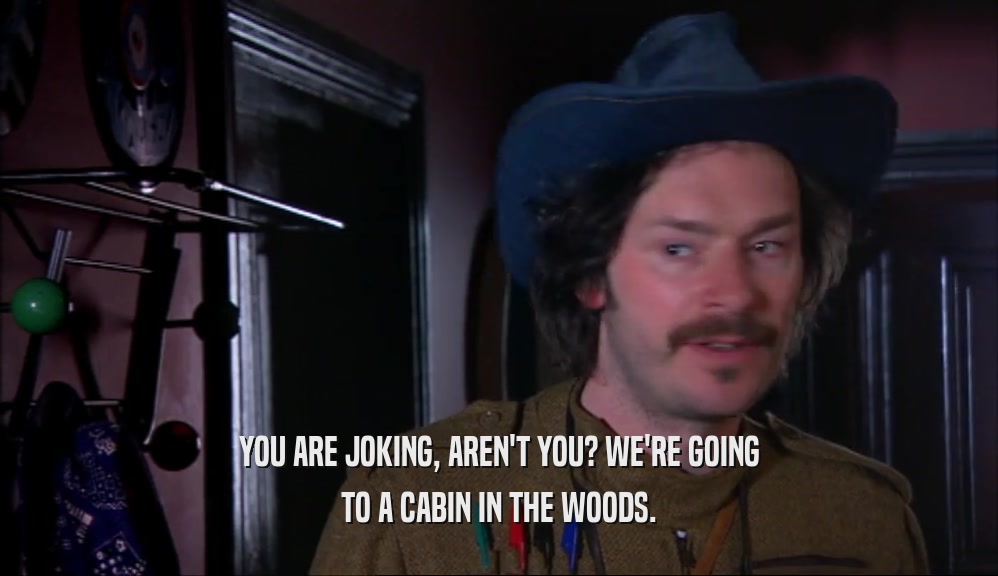 YOU ARE JOKING, AREN'T YOU? WE'RE GOING
 TO A CABIN IN THE WOODS.
 