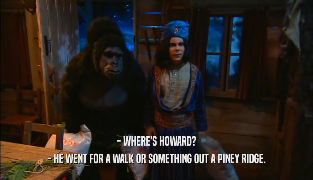 - WHERE'S HOWARD?
 - HE WENT FOR A WALK OR SOMETHING OUT A PINEY RIDGE.
 