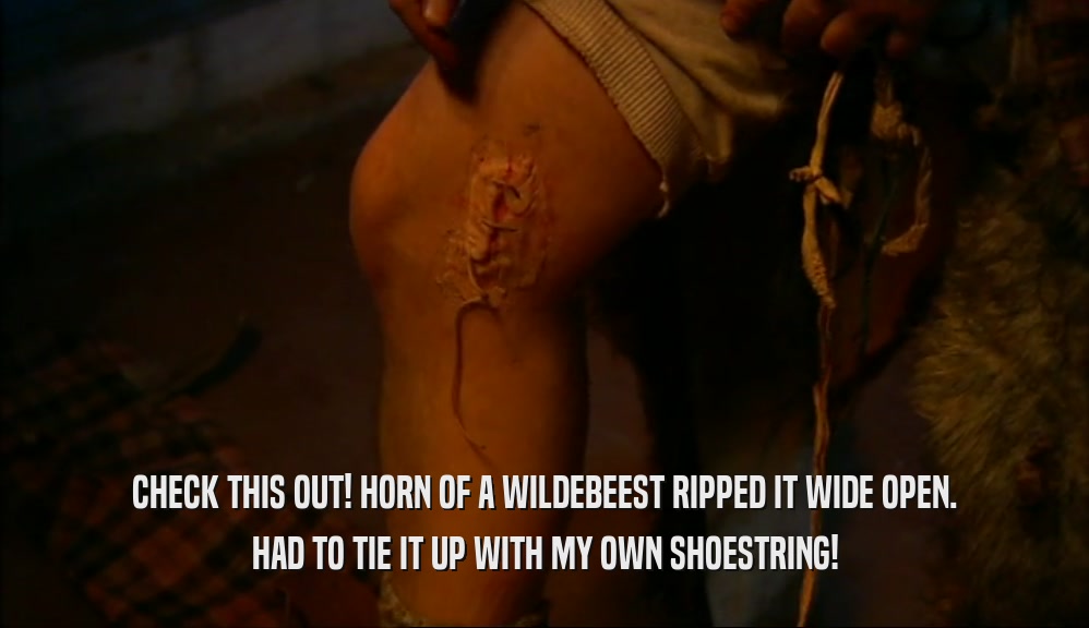 CHECK THIS OUT! HORN OF A WILDEBEEST RIPPED IT WIDE OPEN. HAD TO TIE IT UP WITH MY OWN SHOESTRING! 