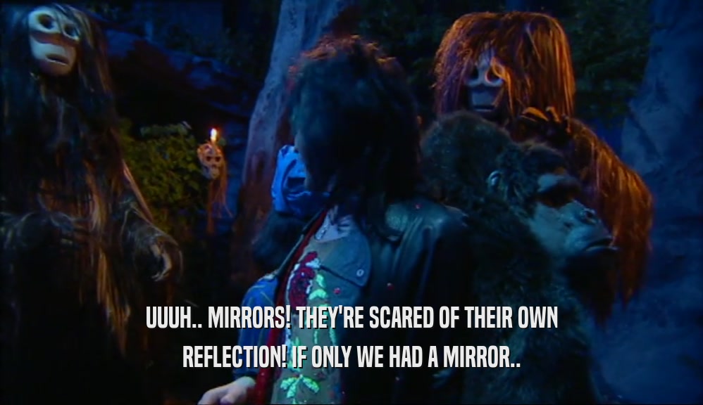 UUUH.. MIRRORS! THEY'RE SCARED OF THEIR OWN REFLECTION! IF ONLY WE HAD A MIRROR.. 