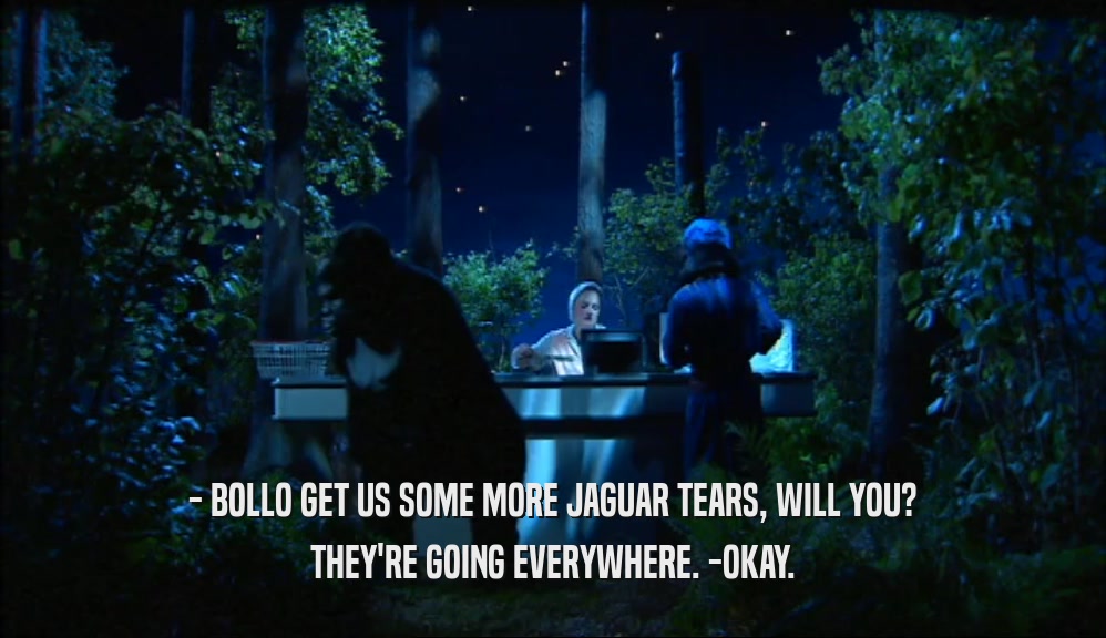 - BOLLO GET US SOME MORE JAGUAR TEARS, WILL YOU? THEY'RE GOING EVERYWHERE. -OKAY. 