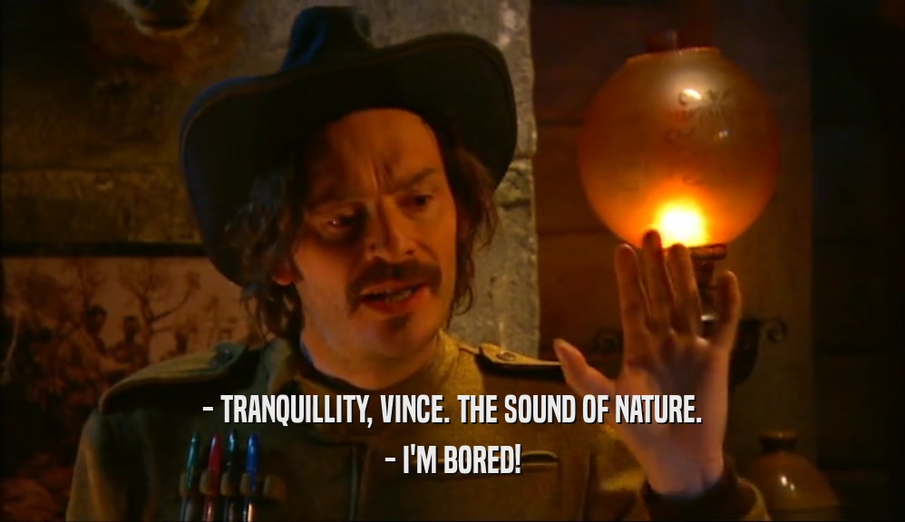 - TRANQUILLITY, VINCE. THE SOUND OF NATURE.
 - I'M BORED!
 