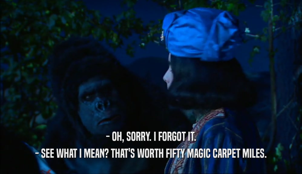 - OH, SORRY. I FORGOT IT.
 - SEE WHAT I MEAN? THAT'S WORTH FIFTY MAGIC CARPET MILES.
 