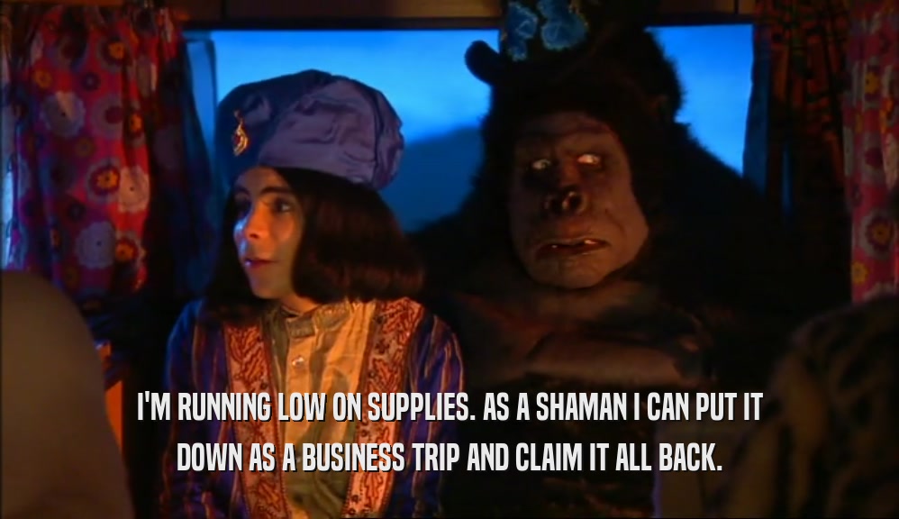 I'M RUNNING LOW ON SUPPLIES. AS A SHAMAN I CAN PUT IT DOWN AS A BUSINESS TRIP AND CLAIM IT ALL BACK. 