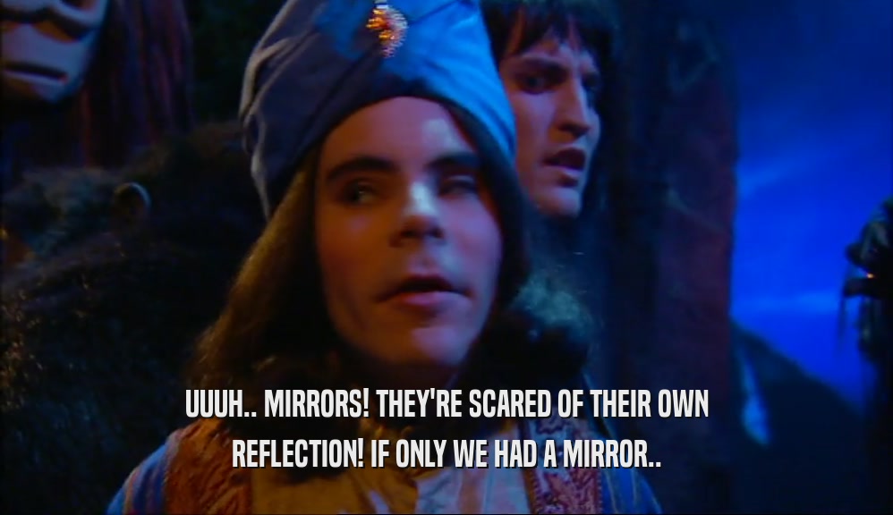 UUUH.. MIRRORS! THEY'RE SCARED OF THEIR OWN REFLECTION! IF ONLY WE HAD A MIRROR.. 