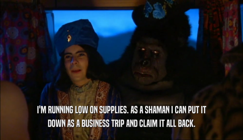 I'M RUNNING LOW ON SUPPLIES. AS A SHAMAN I CAN PUT IT DOWN AS A BUSINESS TRIP AND CLAIM IT ALL BACK. 