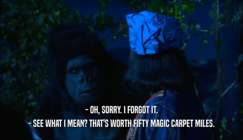 - OH, SORRY. I FORGOT IT.
 - SEE WHAT I MEAN? THAT'S WORTH FIFTY MAGIC CARPET MILES.
 