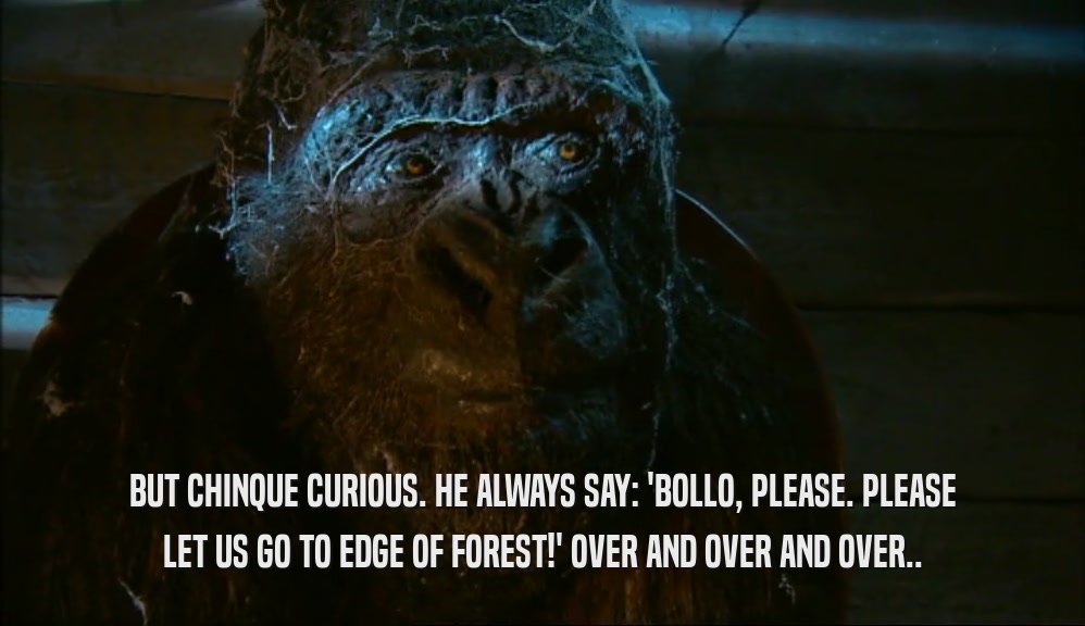 BUT CHINQUE CURIOUS. HE ALWAYS SAY: 'BOLLO, PLEASE. PLEASE LET US GO TO EDGE OF FOREST!' OVER AND OVER AND OVER.. 