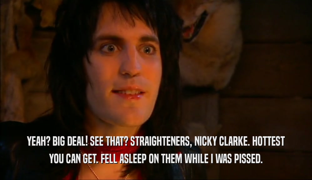 YEAH? BIG DEAL! SEE THAT? STRAIGHTENERS, NICKY CLARKE. HOTTEST YOU CAN GET. FELL ASLEEP ON THEM WHILE I WAS PISSED. 