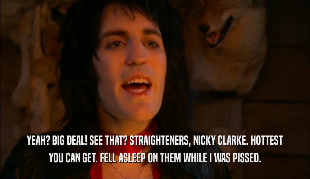 YEAH? BIG DEAL! SEE THAT? STRAIGHTENERS, NICKY CLARKE. HOTTEST YOU CAN GET. FELL ASLEEP ON THEM WHILE I WAS PISSED. 