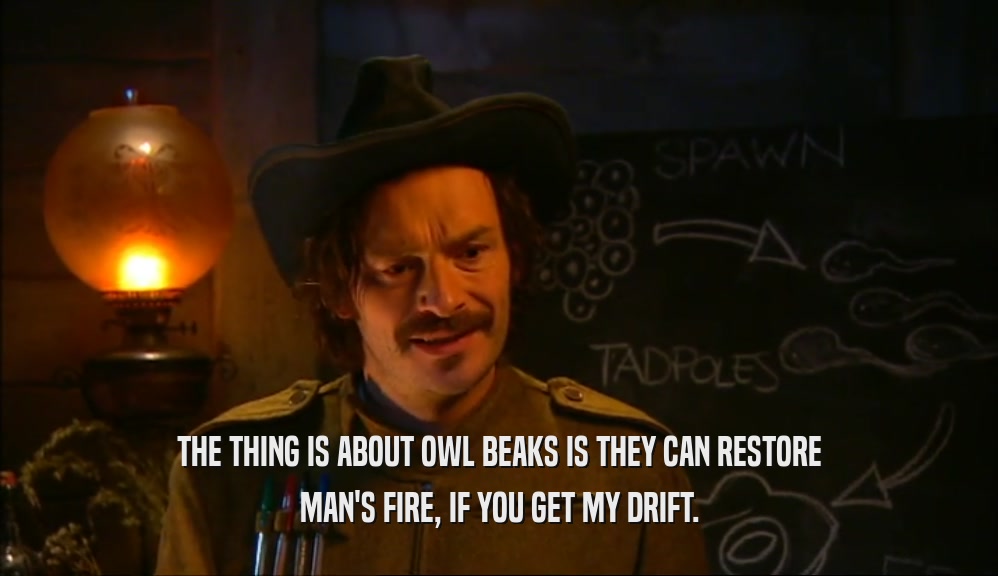 THE THING IS ABOUT OWL BEAKS IS THEY CAN RESTORE MAN'S FIRE, IF YOU GET MY DRIFT. 