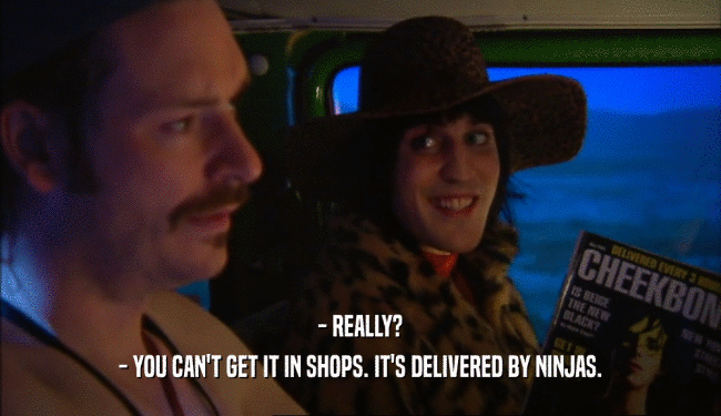 - REALLY?
 - YOU CAN'T GET IT IN SHOPS. IT'S DELIVERED BY NINJAS.
 