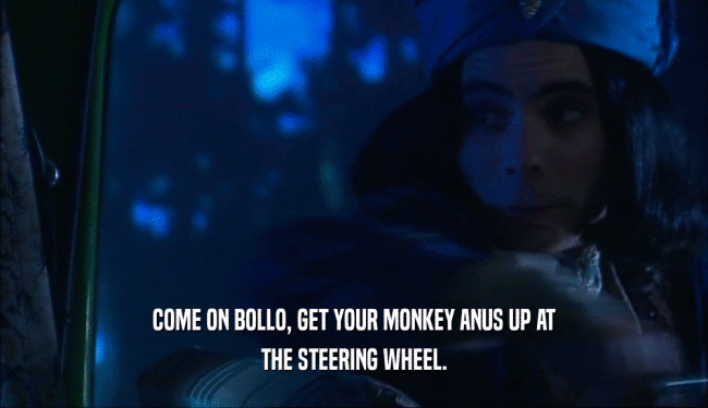 COME ON BOLLO, GET YOUR MONKEY ANUS UP AT
 THE STEERING WHEEL.
 