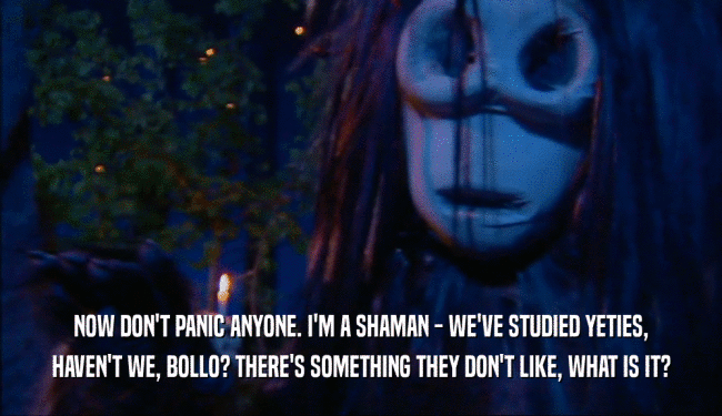 NOW DON'T PANIC ANYONE. I'M A SHAMAN - WE'VE STUDIED YETIES, HAVEN'T WE, BOLLO? THERE'S SOMETHING THEY DON'T LIKE, WHAT IS IT? 
