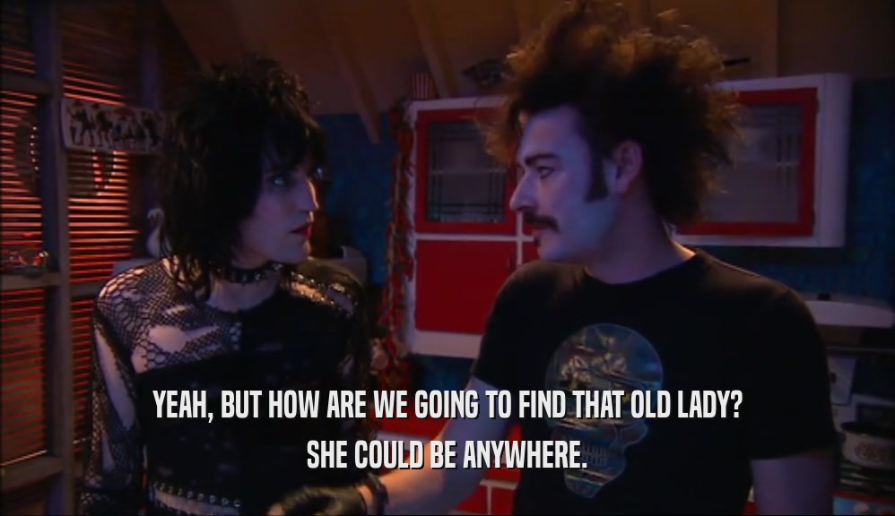 YEAH, BUT HOW ARE WE GOING TO FIND THAT OLD LADY? SHE COULD BE ANYWHERE. 