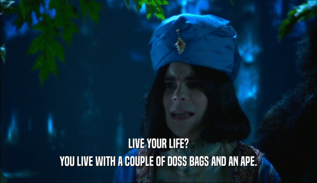 LIVE YOUR LIFE? YOU LIVE WITH A COUPLE OF DOSS BAGS AND AN APE. 