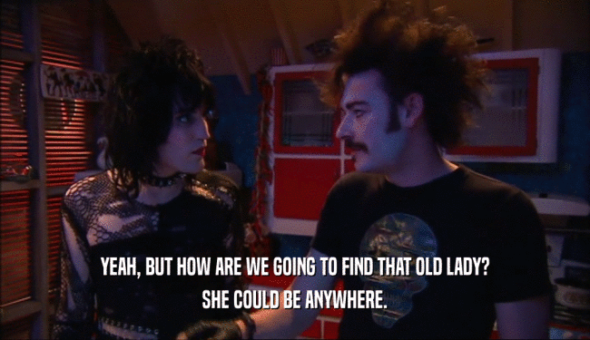 YEAH, BUT HOW ARE WE GOING TO FIND THAT OLD LADY? SHE COULD BE ANYWHERE. 