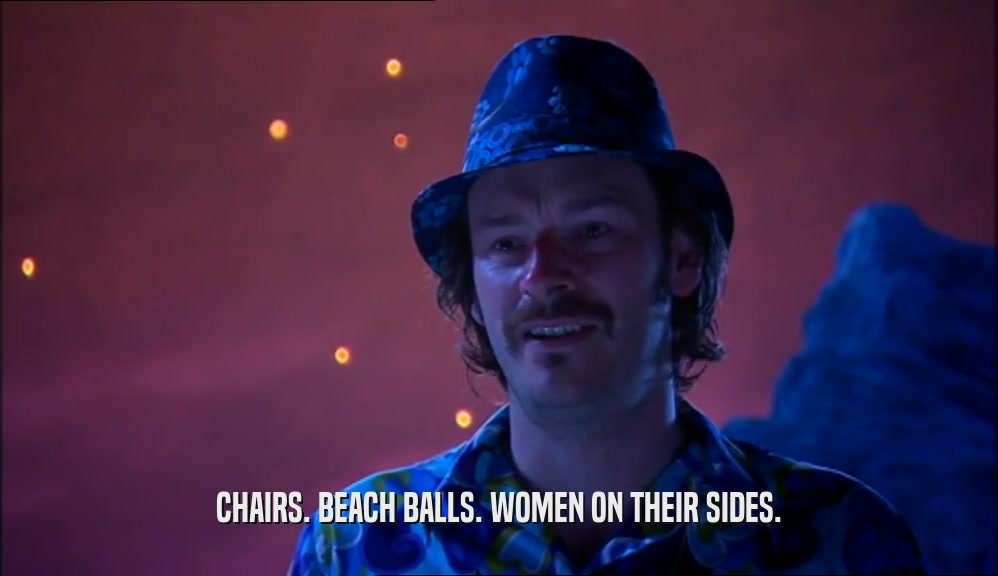 CHAIRS. BEACH BALLS. WOMEN ON THEIR SIDES.  