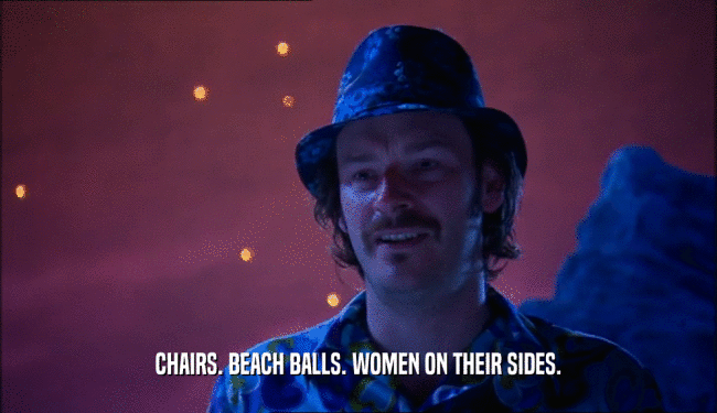 CHAIRS. BEACH BALLS. WOMEN ON THEIR SIDES.  