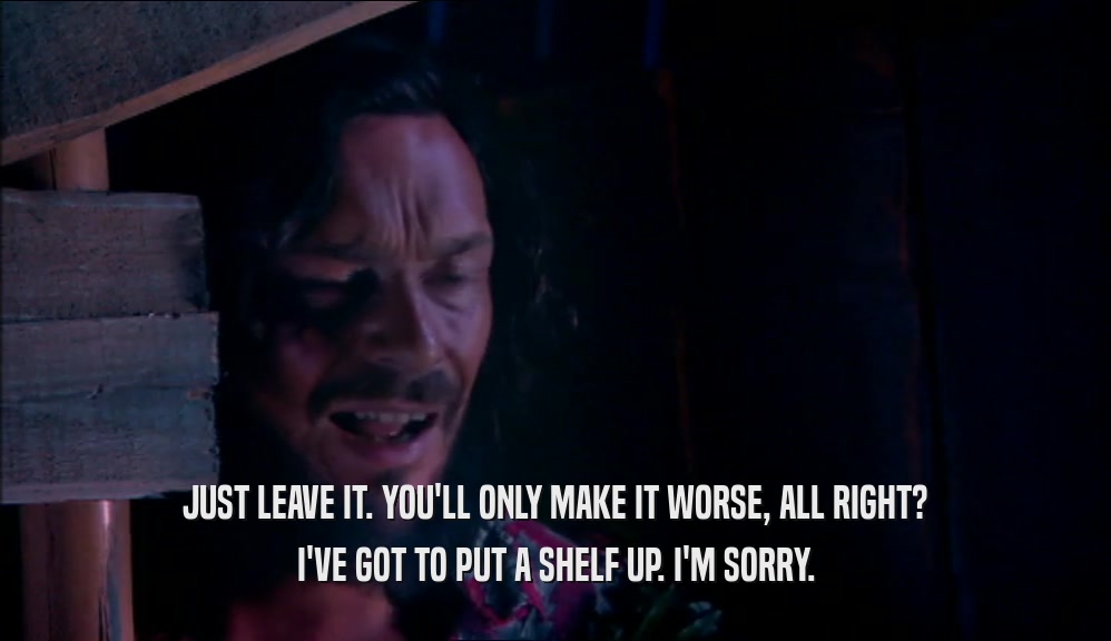 JUST LEAVE IT. YOU'LL ONLY MAKE IT WORSE, ALL RIGHT? I'VE GOT TO PUT A SHELF UP. I'M SORRY. 
