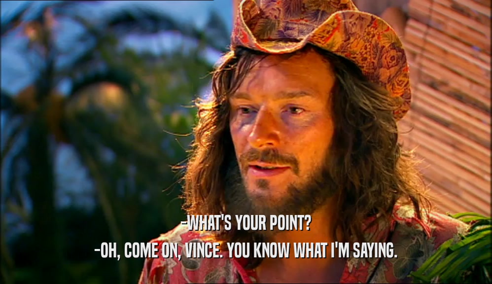 -WHAT'S YOUR POINT? -OH, COME ON, VINCE. YOU KNOW WHAT I'M SAYING. 
