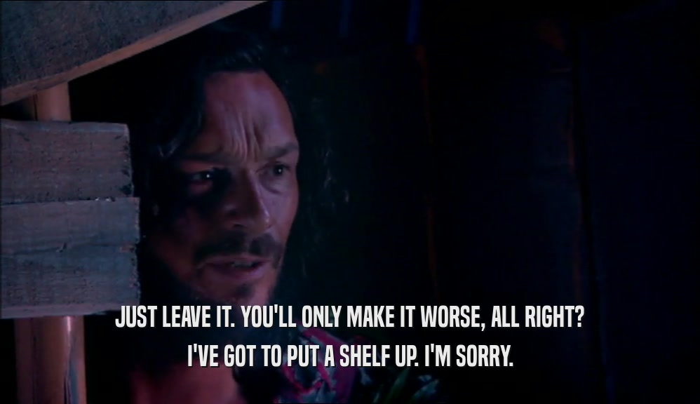 JUST LEAVE IT. YOU'LL ONLY MAKE IT WORSE, ALL RIGHT? I'VE GOT TO PUT A SHELF UP. I'M SORRY. 
