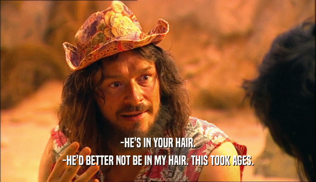 -HE'S IN YOUR HAIR.
 -HE'D BETTER NOT BE IN MY HAIR. THIS TOOK AGES.
 