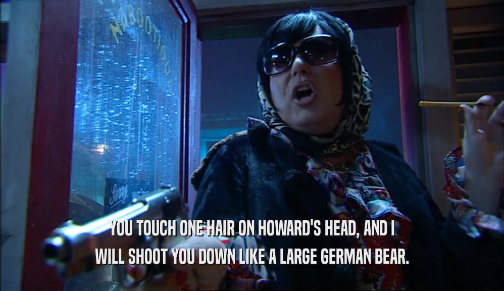 YOU TOUCH ONE HAIR ON HOWARD'S HEAD, AND I WILL SHOOT YOU DOWN LIKE A LARGE GERMAN BEAR. 