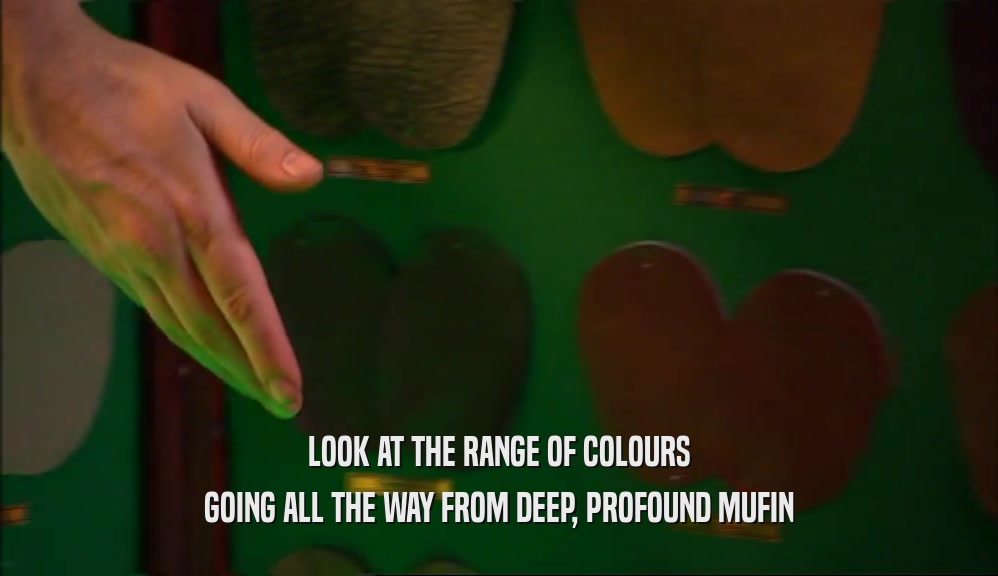 LOOK AT THE RANGE OF COLOURS
 GOING ALL THE WAY FROM DEEP, PROFOUND MUFIN
 