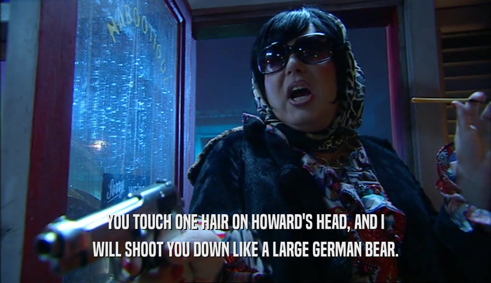 YOU TOUCH ONE HAIR ON HOWARD'S HEAD, AND I WILL SHOOT YOU DOWN LIKE A LARGE GERMAN BEAR. 