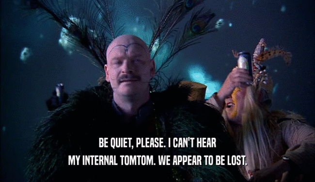 BE QUIET, PLEASE. I CAN'T HEAR
 MY INTERNAL TOMTOM. WE APPEAR TO BE LOST.
 