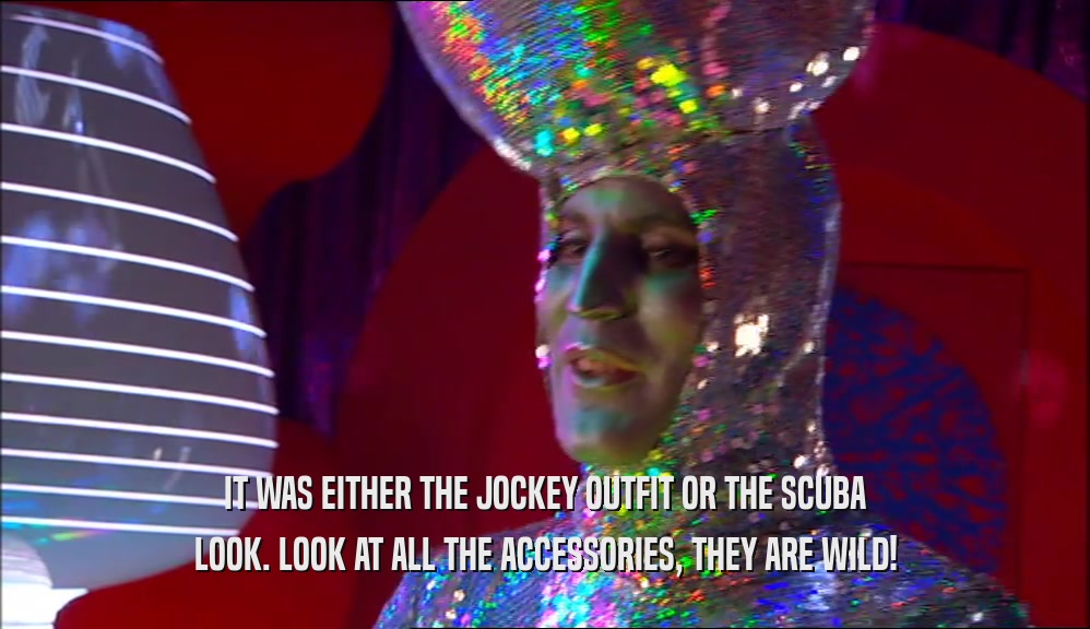 IT WAS EITHER THE JOCKEY OUTFIT OR THE SCUBA LOOK. LOOK AT ALL THE ACCESSORIES, THEY ARE WILD! 