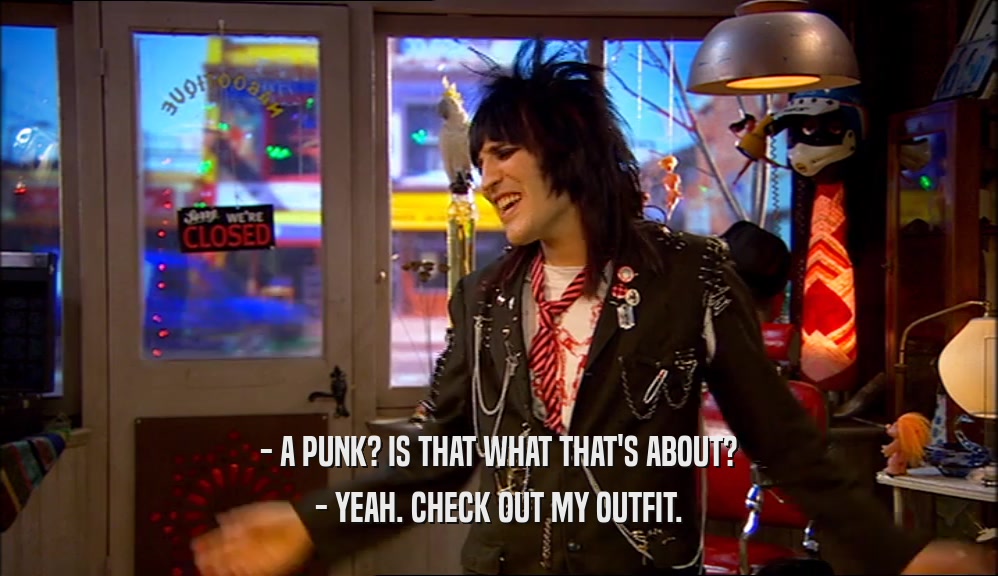 - A PUNK? IS THAT WHAT THAT'S ABOUT? - YEAH. CHECK OUT MY OUTFIT. 