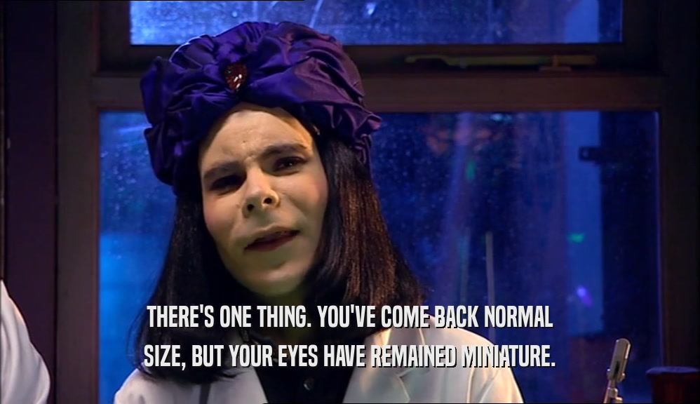 THERE'S ONE THING. YOU'VE COME BACK NORMAL SIZE, BUT YOUR EYES HAVE REMAINED MINIATURE. 