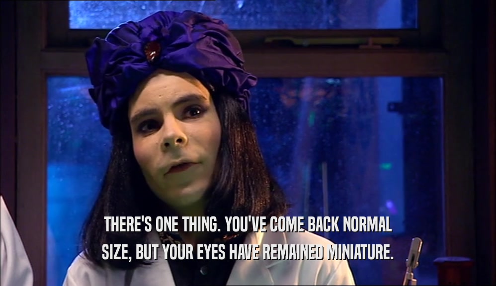 THERE'S ONE THING. YOU'VE COME BACK NORMAL SIZE, BUT YOUR EYES HAVE REMAINED MINIATURE. 