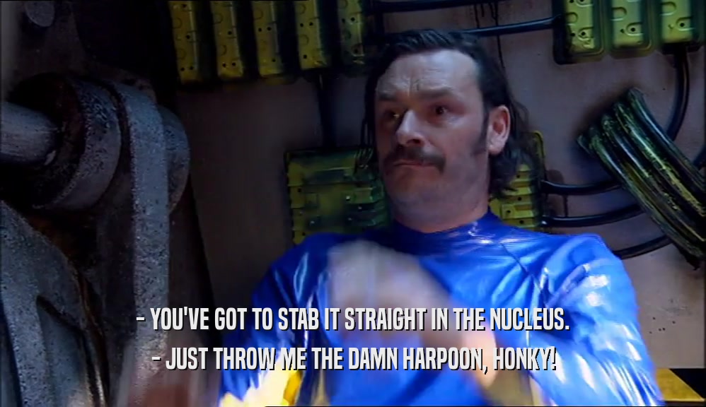- YOU'VE GOT TO STAB IT STRAIGHT IN THE NUCLEUS. - JUST THROW ME THE DAMN HARPOON, HONKY! 