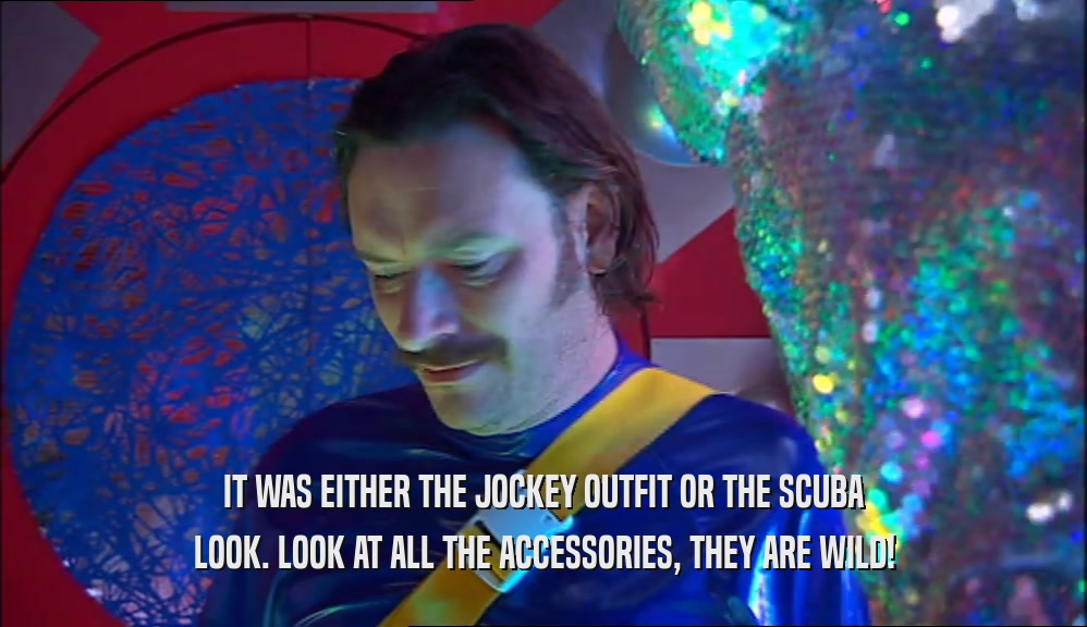 IT WAS EITHER THE JOCKEY OUTFIT OR THE SCUBA LOOK. LOOK AT ALL THE ACCESSORIES, THEY ARE WILD! 