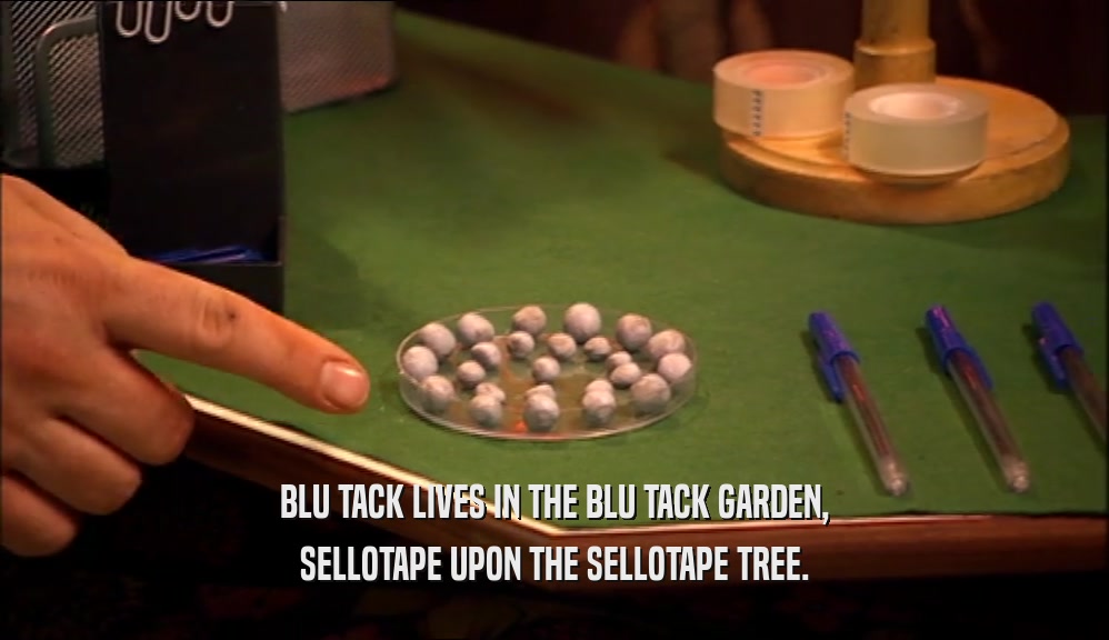 BLU TACK LIVES IN THE BLU TACK GARDEN,
 SELLOTAPE UPON THE SELLOTAPE TREE.
 