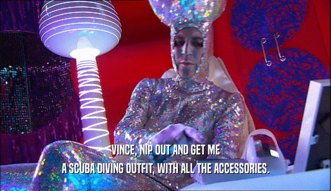 VINCE, NIP OUT AND GET ME A SCUBA DIVING OUTFIT, WITH ALL THE ACCESSORIES. 