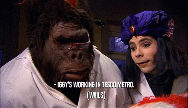 - IGGY'S WORKING IN TESCO METRO.
 - (WAILS)
 