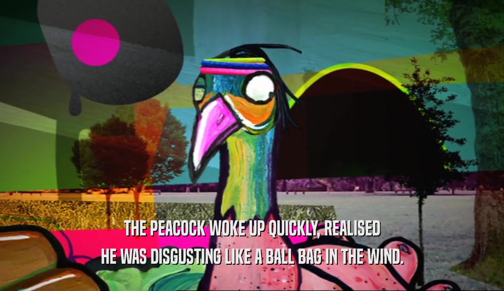 THE PEACOCK WOKE UP QUICKLY, REALISED HE WAS DISGUSTING LIKE A BALL BAG IN THE WIND. 